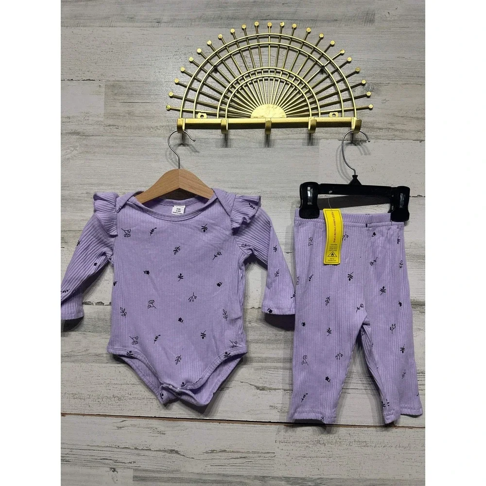 Floral Ribbed Bodysuit Leggings Set Girls 3-6M Purple Ruffle Shoulder NWT